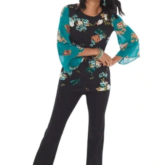 Chico's Floral Black Blouse with Teal Sleeves - Sz 1 - Picture 3 of 12